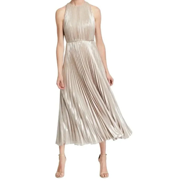 Jill Jill Stuart Pleated Metallic Chiffon Gown Maxi Dress 4 Gold Empire Waist - Picture 1 of 13